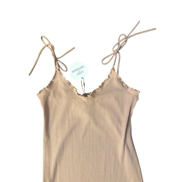 NWT M Lost + Wander Tie Sleeve Ribbed Midi Peach Pink Dress Sleeveless Stretch - Picture 2 of 5